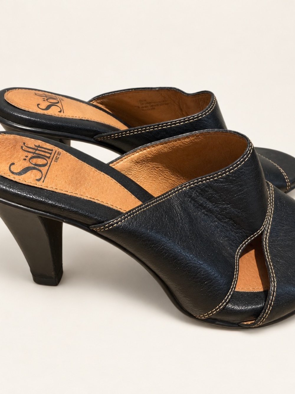 Söfft Black Leather Square Toe Heeled Mule Sandals